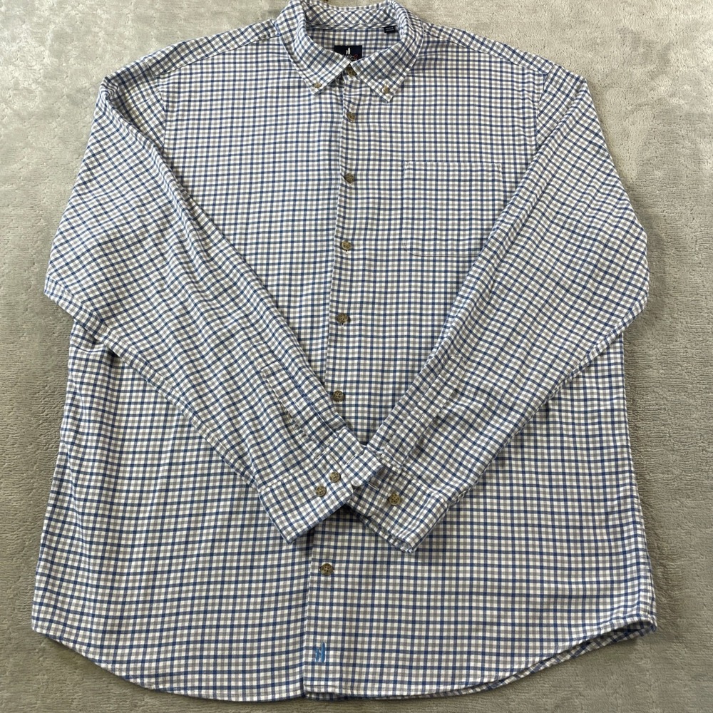 Johnnie O Mens Flannel Shirt XL Blue Gingham Wool Blend Stretch Button Office